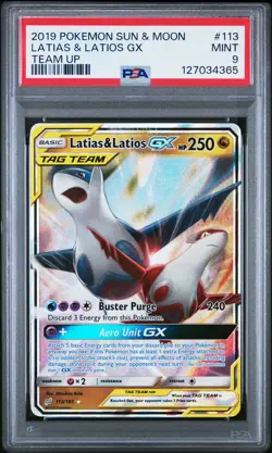 2019 POKEMON SUN & MOON TEAM UP #113 LATIAS & LATIOS GX PSA 9 - Image 1