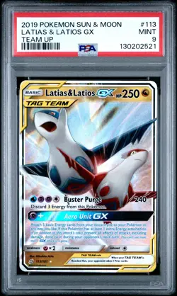 2019 POKEMON SUN & MOON TEAM UP #113 LATIAS & LATIOS GX PSA 9 - Image 1
