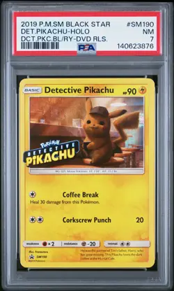 2019 POKEMON SM BLACK STAR PROMO #SM190 DETECTIVE PIKACHU-HOLO PSA 7 - Image 1