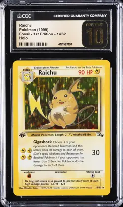 1999 POKEMON FOSSIL 1ST EDITION HOLO #14 RAICHU CGC 10 PRISTINE - Image 1