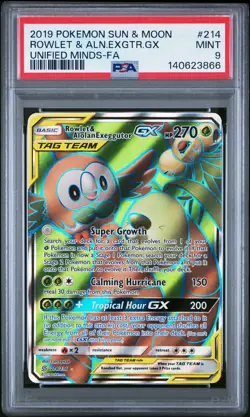 2019 POKEMON SM UNIFIED MINDS #214 FULL ART/ROWLET & ALOLAN EXEGGUTOR GX PSA 9 - Image 1