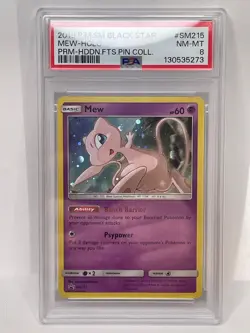 PSA 8 NM-MT Mew Hidden Fates Pin Collection Black Star Promo SM215 - Image 1
