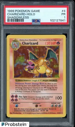 1999 Pokemon Game TCG Base Set #4 Charizard Holo Shadowless PSA 1 PR - Image 1