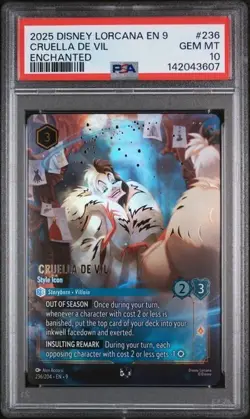 2025 DISNEY LORCANA EN 9-FABLED ENCHANTED CRUELLA DE VIL - STYLE ICON PSA 10 - Image 1