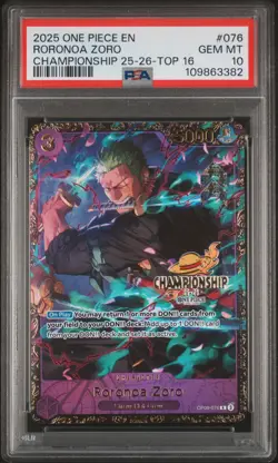 2025 ONE PIECE PROMOS CHAMP 25-26-TOP 16 #076 RORONOA ZORO PSA 10 - Image 1