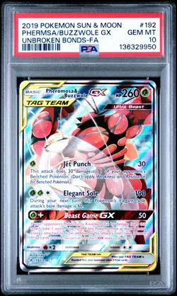 2019 POKEMON SUN & MOON UNBROKEN BONDS FULL ART/PHEROMOSA & BUZZWOLE GX PSA 10 - Image 1