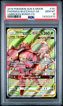 2019 POKEMON SUN & MOON UNBROKEN BONDS FULL ART/PHEROMOSA & BUZZWOLE GX PSA 10 - Image 1