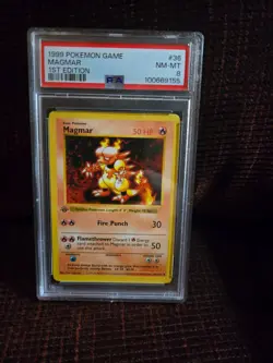 Pokemon Base Set 1st Edition Shadowless Magmar PSA 8 - Image 1