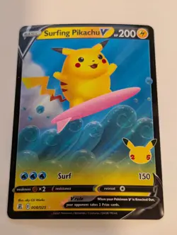 Surfing Pikachu V 008/025 Celebrations 25th Anniversary Pokemon Holo Foil Nice! - Image 1