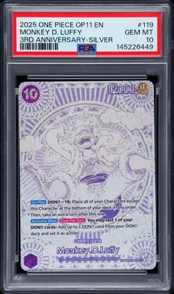 2025 ONE PIECE OP11-A FIST OF DIVINE SPEED 3RD ANV-SILVER MONKEY D. LUFFY PSA 10 - Image 1