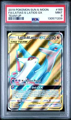 2019 POKEMON SUN & MOON TEAM UP #169 FULL ART/LATIAS & LATIOS GX PSA 9 - Image 1