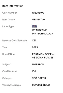 PSA 10 2023 Pokemon Umbreon 130/197 Obsidian Flames OBF EN Reverse Holo - Image 3