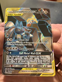 2019 Pokemon Sun & Moon Unbroken Bonds Lucario Melmetal Tag Team #203/214 NM - Image 1