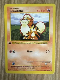 GROWLITHE Pokemon Card - WOTC - 1st Edition - Base Set - Shadowless - 28/102 MP - Image 1