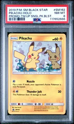 POKEMON TEAM UP SM BLACK STAR PROMO PIKACHU #SM162 HOLO PSA 8 NM #117652686 - Image 1