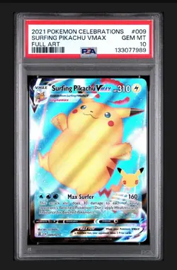 2021 Pokemon Celebrations Surfing Pikachu VMAX 009 PSA 10 Gem Mint Full Art - Image 1