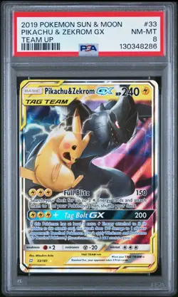 2019 POKEMON SUN & MOON TEAM UP #33 PIKACHU & ZEKROM GX PSA 8 - Image 1