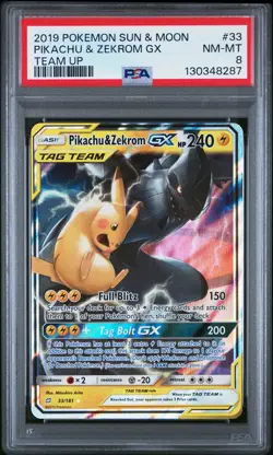 2019 POKEMON SUN & MOON TEAM UP #33 PIKACHU & ZEKROM GX PSA 8 - Image 1