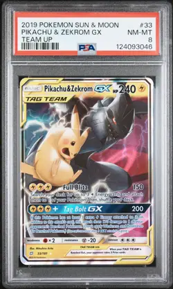 2019 POKEMON SUN & MOON TEAM UP #33 PIKACHU & ZEKROM GX PSA 8 - Image 1