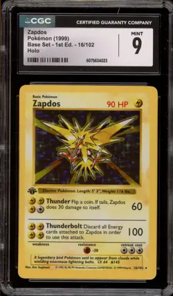 Pokemon Zapdos Base Set Shadowless 1st Edition Holo Rare #16 CGC 9 Mint - Image 1