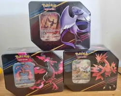 Pokemon TCG Crown Zenith Tin Set of 3 Galarian Moltres Zapdos Articuno In Hand - Image 1