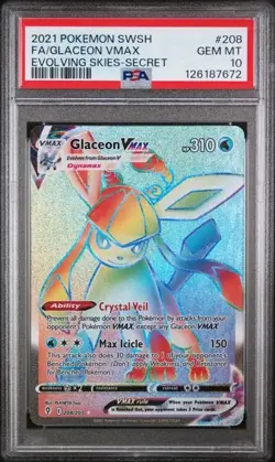 2021 Pokemon SWSH Evolving Skies Glaceon VMAX Rainbow Rare Card 208/203 PSA 10 - Image 1