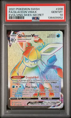 2021 Pokemon SWSH Evolving Skies Glaceon VMAX Rainbow Rare Card 208/203 PSA 10 - Image 1