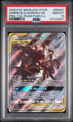 2020 POKEMON SM BLACK STAR PROMO #SM241 UMBREON & DARKRAI GX PSA 10 (Q891) - Image 1