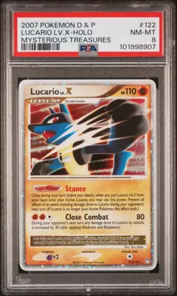 2007 Pokemon Diamond Pearl Mysterious Treasures Lucario LV.X Holo 122/123 PSA 8 - Image 1