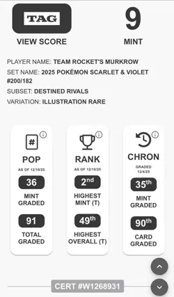 2025 POKEMON DRI EN-DESTINED RIVALS #200 TEAM ROCKET'S MURKROW TAG 9 - Image 3