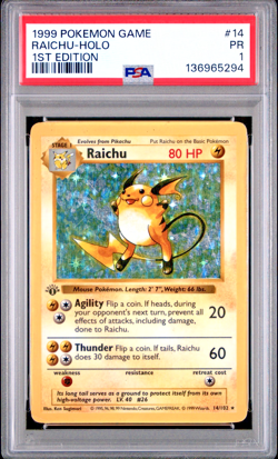 PSA 1 PR 1999 Base Set 1st Edition Shadowless Raichu 14/102 Holo Foil Pokemon - Image 1