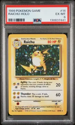 1999 POKEMON GAME #14 RAICHU-HOLO PSA 6 - Image 1