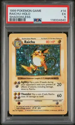 1999 POKEMON GAME #14 RAICHU-HOLO SHADOWLESS PSA 5 - Image 1