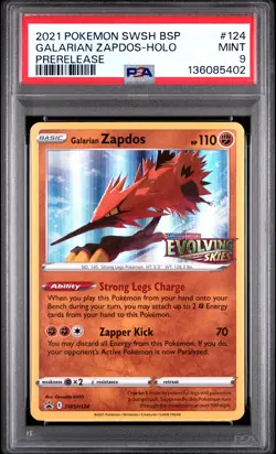 2021 POKEMON SWSH BLACK STAR PROMO PRERELEASE #124 GALARIAN ZAPDOS-HOLO PSA 9 - Image 1