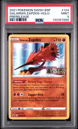 2021 POKEMON SWSH BLACK STAR PROMO PRERELEASE #124 GALARIAN ZAPDOS-HOLO PSA 9 - Image 1