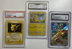 Pokemon TCG Graded 3 Card Lot Of Pikachu 1999 PSA 5, 2022 CGC 9, & 2017 GMA 8 - Image 1