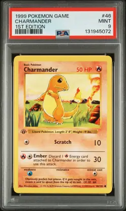 1999 WOTC POKEMON GAME BASE SET SHADOWLESS 1ST EDITION CHARMANDER #46/102 PSA 9 - Image 1