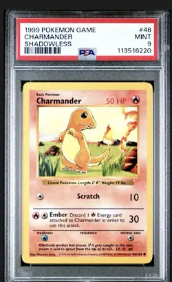 Pokemon Card Charmander 46/102 Shadowless Base Set 1999 PSA 9 MINT - Image 1