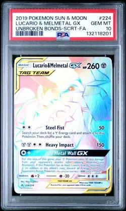 PSA 10 GEM MINT Lucario & Melmetal GX 224/214 Secret Rare Unbroken Bonds Pokemon - Image 1