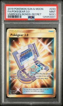 2019 POKEMON SM UNBROKEN BONDS POKEGEAR 3.0 233/214 FA SECRET RARE PSA 9 (OC) - Image 1