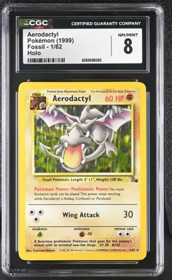 CGC 8 Aerodactyl 1999 Fossil 1/62 Holo Pokemon Card - Image 1