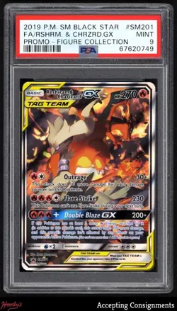 2019 Pokemon Sun Moon Black Star #SM201 Reshiram & Charizard Tag Team GX P PSA 9 - Image 1