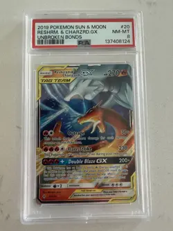 2019 Pokemon Reshiram & Charizard GX Holo Sun Moon Unbroken Bonds 20/214 PSA 8 - Image 1