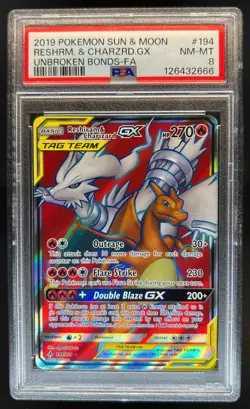 2019 Pokemon SM Unbroken Bonds Reshiram Charizard Tag Team #194/214 PSA 8 - Image 1