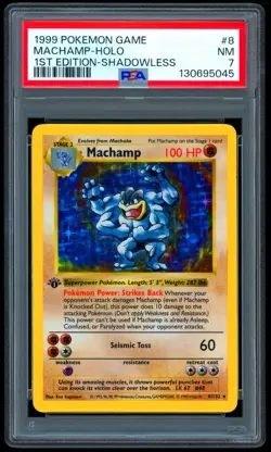 1999 Pokemon MACHAMP Base Set 1ST EDITION Holo Rare SHADOWLESS Card 8/102 PSA 7 - Image 1