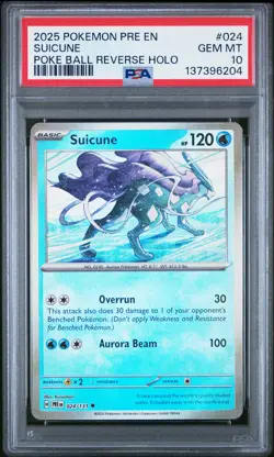 2025 POKEMON PRE EN-PRISMATIC EVOLUTIONS POKE BALL REVERSE HOLO SUICUNE PSA 10 - Image 1