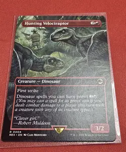​MTG Hunting Velociraptor Borderless REX 004 Jurassic World Non-Foil NM Rare Red - Image 1
