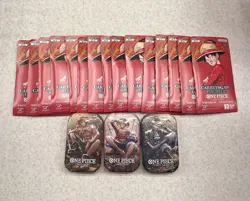 Lot of 15 One Piece OP-13 Carrying On His Will Sleeved Packs + 3 Tin Set Vol 2 - Image 1