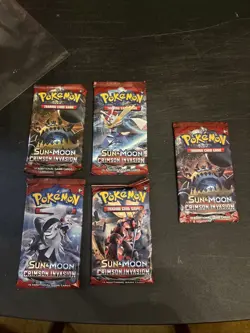 Lot Of 5 Pokemon Sun & Moon Crimson Invasion English Booster Trading Card Game - Image 1