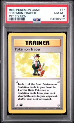1999 Pokemon Game #77 Pokemon Trader 1st Edition Shadowless PSA 8 NM-MT - Image 1